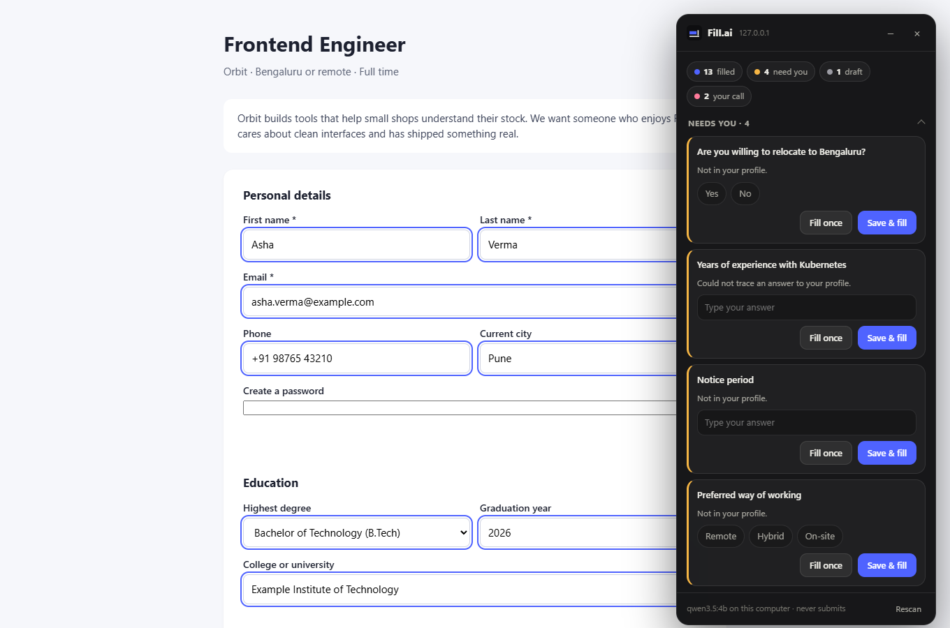 Fill.ai's panel beside a job application it has filled, with four questions left for the person