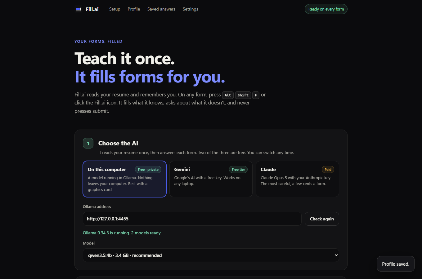 Fill.ai settings, choosing the AI that runs on this computer