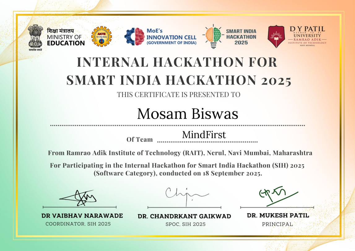 Internal Hackathon for Smart India Hackathon 2025 Certificate — Team MindFirst, RAIT