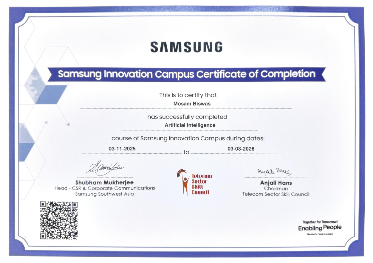 Samsung Innovation Campus Certificate of Completion — Artificial Intelligence